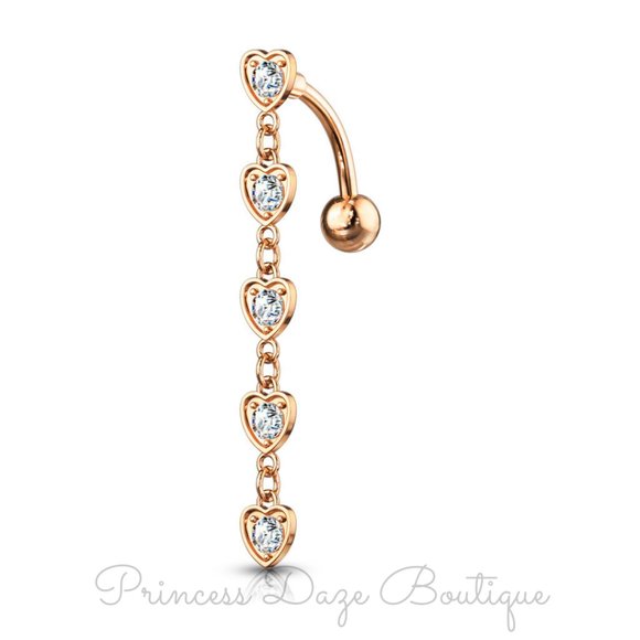 Rose Gold Diamond Heart Dangle‎ Belly Button Ring - Picture 1 of 3